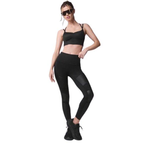 Women's S Alo High-Waist Black Moto Legging Mixed Fabrics Mesh Panels - Picture 1 of 8